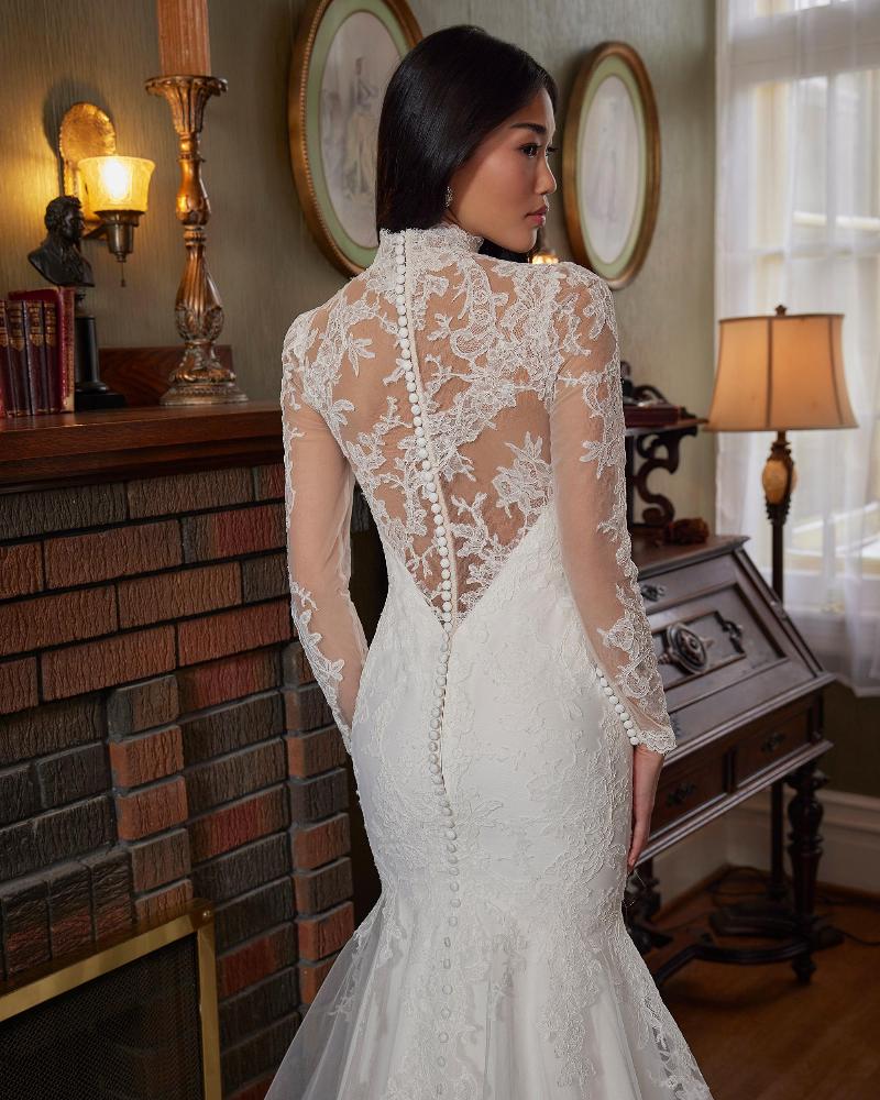 La23233 lace long sleeve high neck wedding dress with open back4